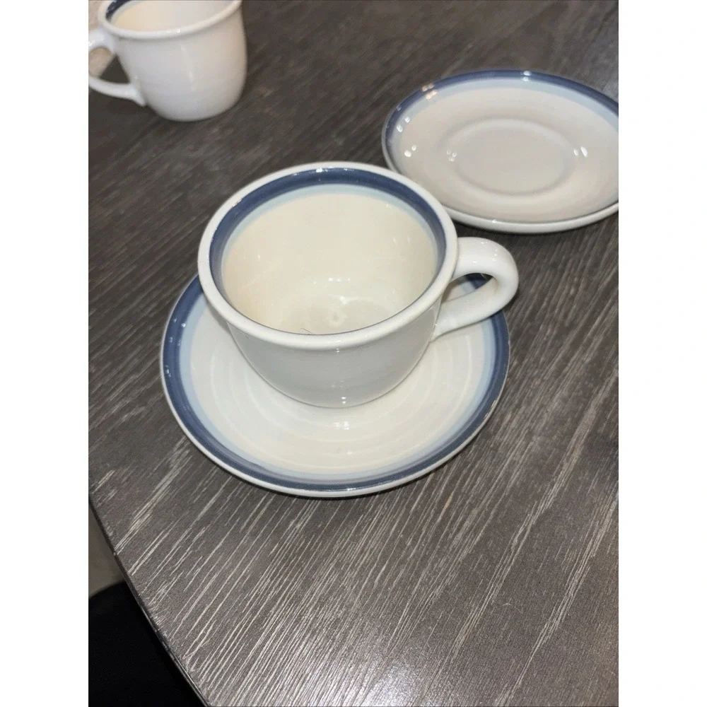 PFALTZGRAFF coffee tea cups mugs saucers stoneware set of 2 White & blue
